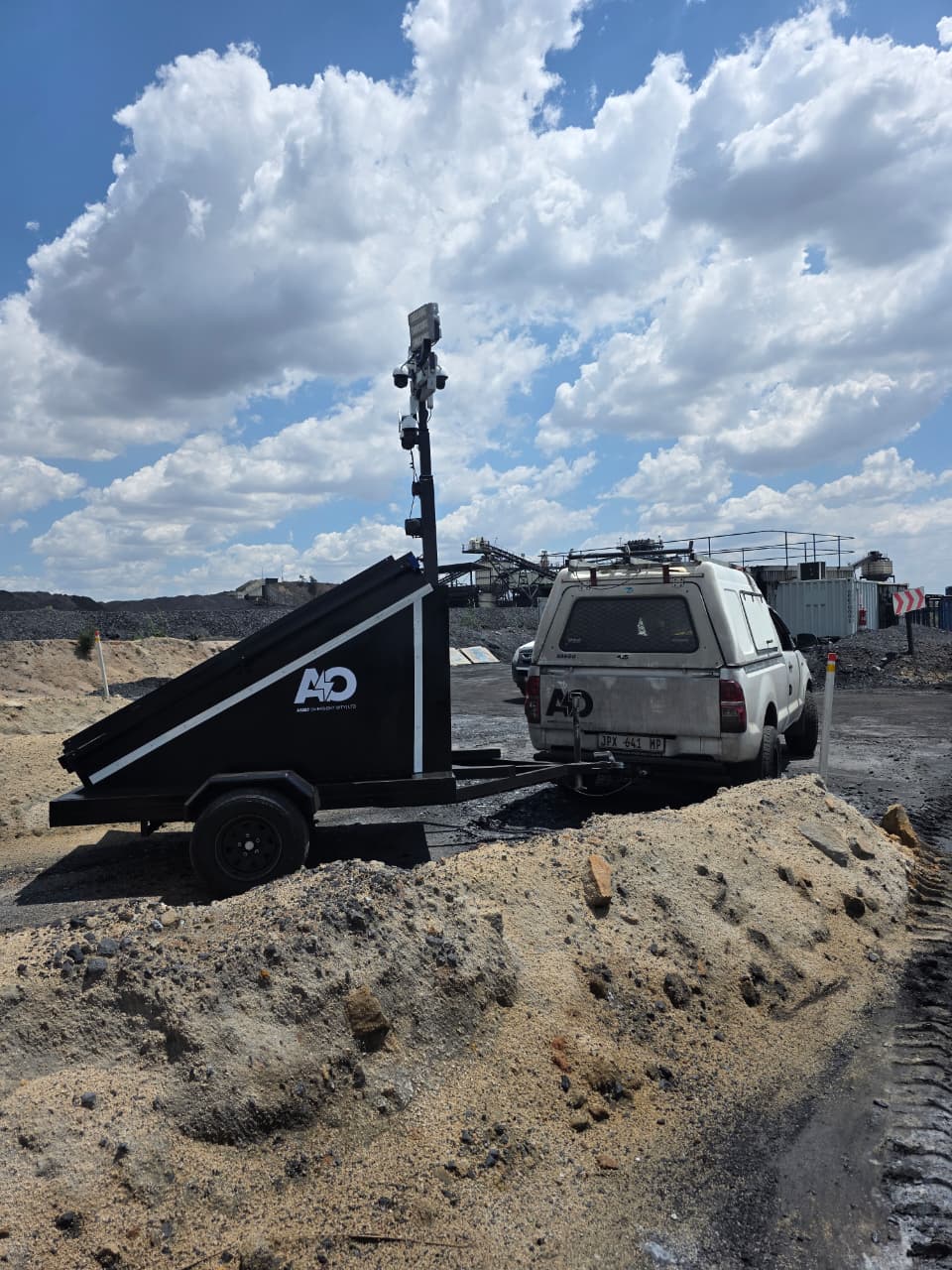 AO SLP solar lighting trailer deployed on a mine site, mast extended
